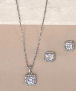 Kennedy Blue Accessories Square Silver Crystal Earrings And Necklace